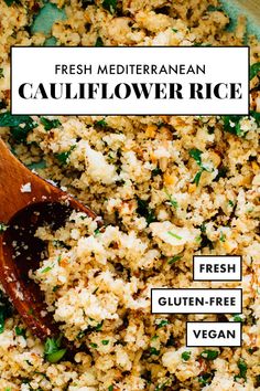 fresh mediterranean cauliflower rice in a bowl with a wooden spoon