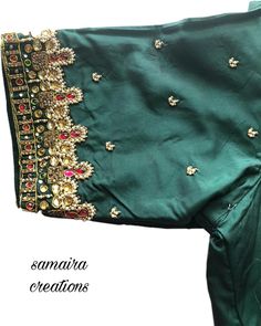 Kundan Maggam Work Blouse! Kundan work on this Green Silk maggam blouse, is quite striking and gives that luxurious feel. The sleeves are adorned with the same type of design. It's very jewelry look like design which is currently in trend. Note: We can make this blouse of any color of your choice. Note - Doris and Latkans provided are complementary so please do not complain about them. We do our best to put best latkans for you. Disclaimer - Actual colors may vary slightly due to computer monito Eid Semi-stitched Blouse With Mirror Work, Mirror Work Blouse For Eid Wedding, Traditional Chinon Blouse For Party, Traditional Chinon Party Blouse, Party Blouse Piece With Dabka Work In Raw Silk, Kundan Blouse Piece With Mirror Work For Eid, Party Blouse Piece With Dabka Work On Raw Silk, Raw Silk Blouse Piece With Dabka Work For Party, Party Raw Silk Blouse With Dabka Work