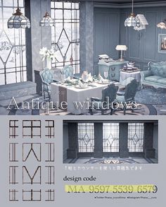 an advertisement for a furniture store featuring chairs, tables and windows with decorative designs on them