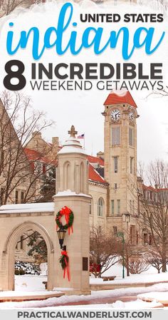 the front entrance to indiana is decorated with wreaths and red bowes for christmas