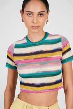 - Fit: Small to size- Materials: 80% cotton, 20% polyester- Thickness: Moderate- Sheerness: None- Stretch: None- Lining: None- Care: Gentle wash cold and dry in shade Green Rainbow, London Free, No Image, Cropped Tee, Buy Now Pay Later, Fresh Design, Rainbow Stripes, Green Fashion, Crop Tee