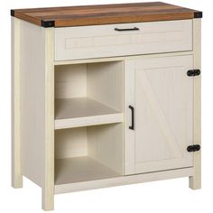 a white cabinet with wooden top and drawers