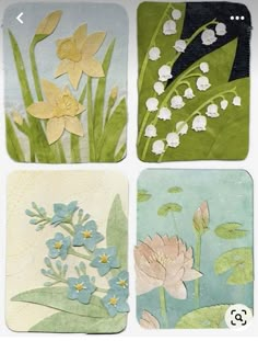 four square coasters with flowers and leaves painted on the front one has lily of the valley