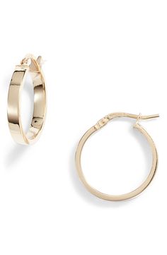 Timeless elegance defines these highly polished hoop earrings handcrafted from luminous 14-karat gold. 3/4" hoop diameter; 1/8" width Snap-post closure 14k gold Made in Italy Elegant Hinged Small Hoop Jewelry, Elegant Small Hinged Hoop Jewelry, Minimalist 14k Gold Hoop Earrings With Shiny Finish, Elegant Small Hoop Hinged Earrings, Formal Small Hoop Earrings Tarnish Resistant, Elegant Small Hinged Hoop Earrings, Classic Hinged 14k Gold Hoop Earrings, Classic Huggie Earrings With Spring Ring Clasp For Anniversary, 14k Gold Hinged Hoop Earrings For Formal Occasions