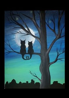 an acrylic painting of two owls sitting on a tree branch with the moon in the background