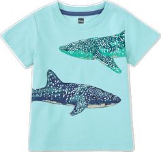 Casual Short Sleeve Shark Design Tops, Casual Short Sleeve Top With Shark Design, Summer Short Sleeve Tops With Shark Design, Casual Short Sleeve T-shirt With Shark Design, Summer T-shirt With Shark Design And Short Sleeves, Summer Short Sleeve T-shirt With Shark Design, Summer T-shirt With Shark Design, Short Sleeve, Blue Shark Design Short Sleeve Tops, Blue Short Sleeve T-shirt With Shark Design