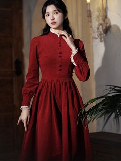 Crimson Lady Corduroy Dress – remulia Formal Dress With Ruffles And Doll Collar, Formal Ruffle Dress With Doll Collar, Red Victorian Dress For Formal Occasions, Formal Fall Dress With Doll Collar, Formal Vintage A-line Dress With Ruffles, Fitted Dress With Ruffled Collar For Fall, Vintage Solid Color Formal Dress, Classic Vintage Dress With Ruffles For Formal Occasions, Fitted Fall Dresses With Ruffled Collar