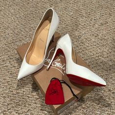 Never Worn, But Had The Heel Shortened About Half An Inch, Protective Film Adhered. White Louis Vuitton Heels, Lou Button Heels, White Loubitons Heels, Wedding Heels Red Bottoms, Christian Louboutin White Heels, Wedding Shoes Red Bottoms, Red Bottoms Wedding Shoes, Red Bottom Wedding Heels, White Christian Louboutin Heels