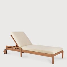 a single chaise lounger with wheels on the back and seat, made out of wood