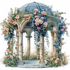 an illustration of a gazebo with roses and vines on it's sides, surrounded by greenery