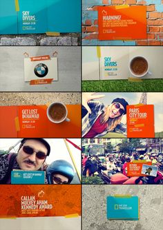 multiple images of people with sunglasses and coffee in front of a wall that has advertisements on it