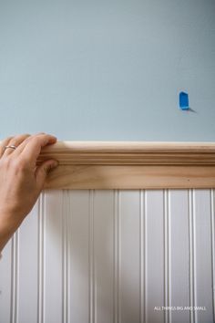 a person holding up a piece of wood with a blue bird on the wall behind it