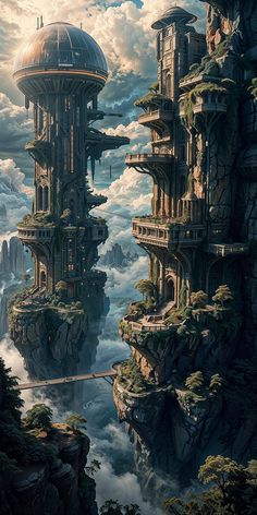 an image of a futuristic city in the sky with mountains and clouds around it,