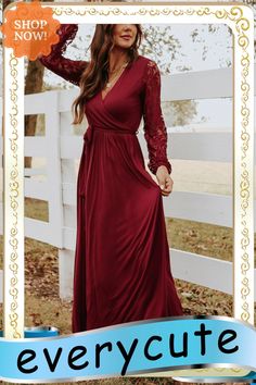 Red Lace Sleeve Faux Wrap Belted Maxi Dress Fall Maxi Dress With Surplice Neckline For Date Night, Chic Burgundy Maxi Dress For Fall, Solid Color Maxi Dress For Fall Date Night, Burgundy Maxi Dress For Formal Fall Events, Burgundy Maxi Dress For Fall Formal Occasions, Fall Formal Burgundy Maxi Dress, Burgundy Long Sleeve Maxi Dress For Date Night, Red Maxi Dress For Fall Night Out, Belted Maxi Dress