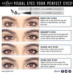 VISUAL EYES YOUR PERFECT EYES! Close Set Eyes Eyeliner, Eyeliner For Deep Set Eyes How To Apply, Deep Set Eyeliner, Down Turn Eyes Makeup, Eyeliner For Wide Set Eyes, Close Set Eyes Celebrities With, Eye Liner For Deep Set Eyes How To Apply, Deepset Eyes Eyeliner, Droopy Eyes Eyeliner