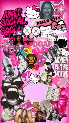 the collage has many different pictures and words on it, as well as pink background