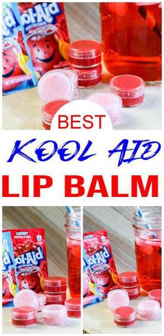 7 lip balm containers filled with Kool Aid lip balm along with Kool Aid packets & mason jar with Kool Aid in background Kool Aid Crafts, Kool Aid Lip Scrub, Diy Vaseline Lip Gloss, How To Make Lip Balm With Coconut Oil, Kool Aid Lip Balm, Starburst Lip Balm Diy, Homemade Lip Balm Recipe Easy, Koolaid Lip Balm, Diy Lip Balm With Vaseline