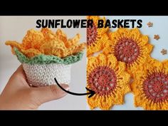 a crocheted sunflower basket sitting on top of a table next to a hand holding it