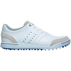 a white golf shoe with blue trims on the side and an upper part of the shoe