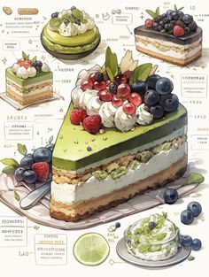 an illustration of a cake with berries and other toppings