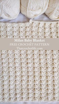 the crochet baby blanket is shown with three balls of yarn