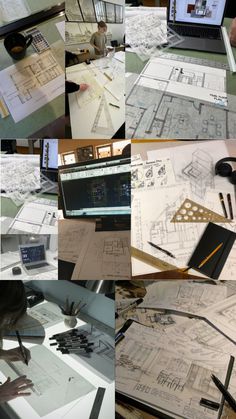 there are many pictures of drawings on the table