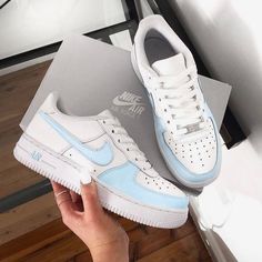 nike shoes women white Blue Nike Air Force, Nike Air Force One, Painted Sneakers, Nike Airforce 1, Blue Air, Custom Air Force 1, Classy Shoes, Nike Air Force Ones