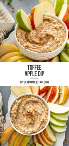 two pictures with apples and dip in them