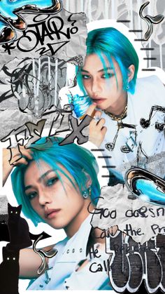 an artistic collage with blue hair and black cat