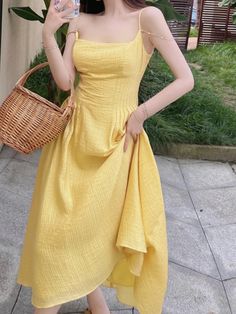 Olivia Mark - Stylish Backless Beach Resort Maxi Dress in Yellow Linen Apron Dress, Resort Maxi Dress, Terry Cloth Dress, Dress Collar, Evening Dresses For Weddings, Solid Color Dress, Round Neck Dresses, Apron Dress, Vacation Dresses