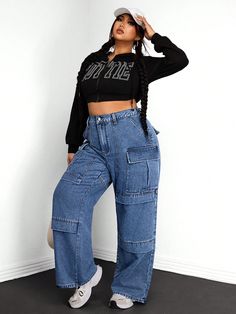 Plus Size Casual Washed Wide-Leg Cargo Jeans Blue    Denim Plain Straight Leg Non-Stretch  Women Plus Clothing, size features are:Bust: ,Length: ,Sleeve Length: