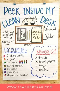 a poster with the words peek inside my clean desk on it and an image of a book