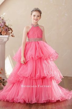 Watermelon Tiered Organza Rhinestone Halter Miss Teen Pageant Dress Pageant Dresses For Teens, Teen Pageant, Miss Teen, Pageant Dress, Formal Gown