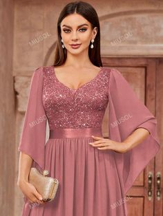 Type:A Line \nDetails:Contrast Sequin \nHem Shaped:Flared \nWaist Line:High Waist \nDetails:Split \nSleeve Type:Split Sleeve \nNeckline:Sweetheart \nDetails:Zipper \nStyle:Party \nColor:Dusty Pink \nPattern Type:Colorblock \nPattern Type:All Over Print \nSleeve Length:Long Sleeve \nFit Type:Regular Fit \nLength:Maxi \nMaterial:Lace \nComposition:91% Polyamide \nComposition:9% Elastane \nLining:100% Polyester \nCare Instructions:Hand wash,do not dry clean \nSheer:No \nFabric:Slight Stretch \n Party Maxi Dress, Mother Of The Bride Dresses Long, Dinner Dress Classy, Lace Chiffon, Classy Dress Outfits, فستان سهرة, Dress Shirts For Women, Maxi Dress Party, Formal Party