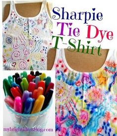 three different pictures with the words sharpie tie dye t - shirt on them and an image of crayons in a cup