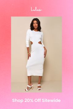 From resort restaurants to sunset walks on the beach, the Lulus Oasis Bound Ivory Long Sleeve Cutout Sweater Midi Dress is ready for all things vacay-related! Stretchy, medium-gauge sweater knit shapes this too-cute dress that features a crew neckline (with contrasting ribbed knit) and long sleeves. The fitted waist, with flirty twin side cutouts, sits atop a figure-flaunting bodycon skirt that falls to a modern midi hem with a kick pleat at the back. Fit: This garment fits true to size. Length: Mid-calf length. Size medium measures 50" from shoulder to hem. Bust: Great for any cup size. Waist: Fitted - stretchy fabric allows custom fit. Hip: Fitted - stretchy fabric allows room for hips. Undergarments: May be worn with any standard bra. Fabric: Fabric is very stretchy. Unlined. 50% Acryli Summer Midi Dress With Cutout For Brunch, Summer Cutout Midi Dress For Brunch, White Cutout Beach Dress, Long Sleeve Midi Dress With Cutout For Summer, Long Sleeve Cutout Midi Dress For Summer, White Cutout Maxi Dress For Vacation, Cutout Long Sleeve Midi Dress For Summer, White Midi Dress For Beach Season Brunch, White Cutout Maxi Dress For Beach