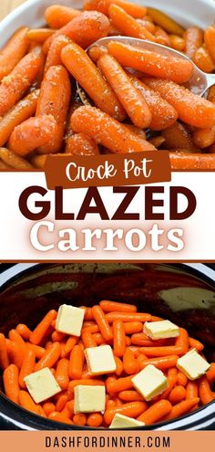 crock pot glazed carrots with butter on top and in the bottom, there is a bowl full of chopped carrots