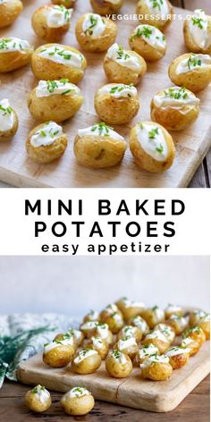 mini baked potatoes on a cutting board with the title text overlay reads, mini baked potatoes easy appetizer