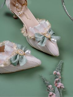 Handmade Hime Lolita Shoes Ruffle Trim Rhinestones Beaded Green High Heels Sage Green Heels Wedding Shoes, Manhwa Shoes, Fantasy Shoes Heels, Quince Heels, Fairy Heels, Fairy Core Outfits, Princess Heels, Green High Heels, Pretty Heels