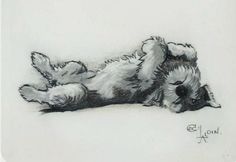 a black and white drawing of a dog laying on it's back with its head down