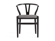 a black wooden chair with grey fabric seat padding and armrests on an isolated white background