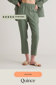 Whether you're heading to the office, out for brunch with friends, or lounging at home, the 100% European Linen Tapered Ankle Pant is the perfect choice. Made from high-quality sustainability grown linen, these pants are lightweight, breathable, and oh-so-comfortable. The tapered design flatters your figure and elongates your legs, creating a slimming effect that is both stylish and flattering. The pants are versatile enough to be paired with anything from a basic tee to a dressy blouse, making them the perfect closet staple. Looking for our original Linen Pant? Check it out here.  | Quince | Women's 100% European Linen Tapered Ankle Pants in Light Cargo, Size Medium Ankle Pants Women, Perfect Closet, Dressy Blouse, Closet Staples, Black Sand, European Linens, Ankle Pants, Basic Tee, Linen Women