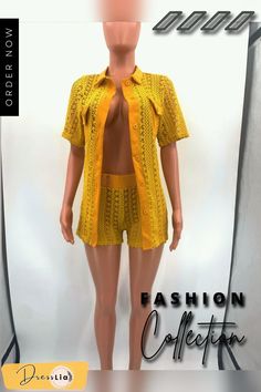 Polo Neck Lace Shirts Tops and Shorts 2 Piece Suit Summer Two-piece Short Sleeve Tops, Casual Two-piece Short Tops, Casual Two-piece Top, Yellow Two-piece Set For Summer, Short Sleeve Tops Matching Set For Day Out, Short Sleeve Tops For Day Out, Casual Yellow Two-piece Set, Yellow Short Sleeve Sets For Vacation, Yellow Two-piece Sets For Vacation