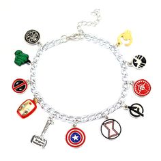 the avengers charm bracelet has many different symbols on it, including captain america and iron man