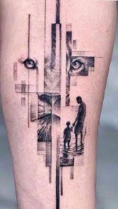 a man with a cross tattoo on his leg and an eye in the background,