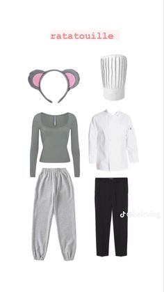 a set of clothes with ears on top and pants in the bottom, including a white shirt