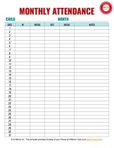 a printable sign up sheet with the words, month attendance and child's birth date