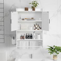 a bathroom with white cabinets and shelves filled with personal care items next to a potted plant