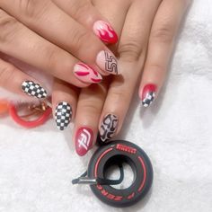 Ferrari Nail Art, Race Car Nails, Pretty Gel Nails, Formula One