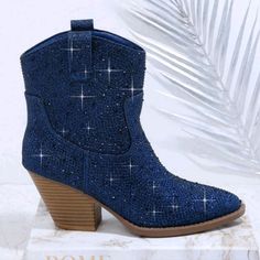 Gorgeous Navy Blue Rhinestone Decor Slip-On Ankle Boots Slip-On Mid-Heel Point Toe Ankle Boot Upper Material: Fabric Lining Material: Fabric Insole Material: Pu Leather Outsole Material: Rubber Blue Boots Women, Blue Rhinestone Boots For Fall, Spring Blue Boots With Rhinestones, Blue Party Boots With Rhinestones, Blue Rhinestone Party Boots, Blue Embellished Party Boots, Embellished Blue Party Boots, Royal Blue Ankle Boots, Blue Pointed Toe Boots With Rhinestones